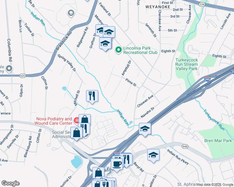 map of restaurants, bars, coffee shops, grocery stores, and more near 5221 Ampthill Drive in Alexandria