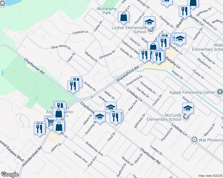 map of restaurants, bars, coffee shops, grocery stores, and more near 1525 Miller Drive in Florissant