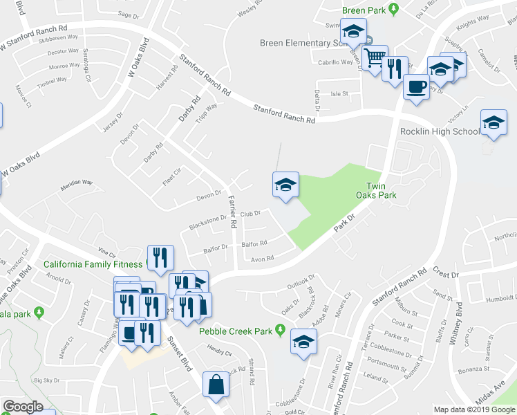 map of restaurants, bars, coffee shops, grocery stores, and more near 2813 Club Drive in Rocklin