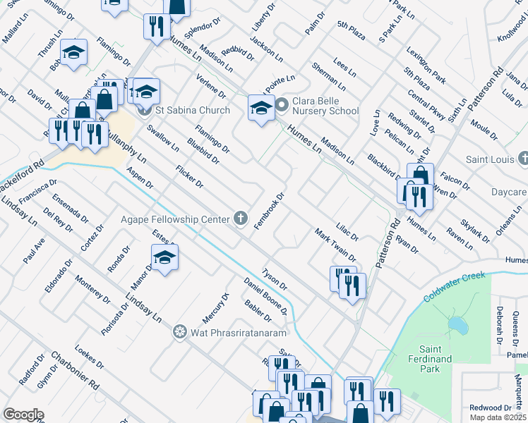 map of restaurants, bars, coffee shops, grocery stores, and more near 1705 Fernbrook Drive in Florissant