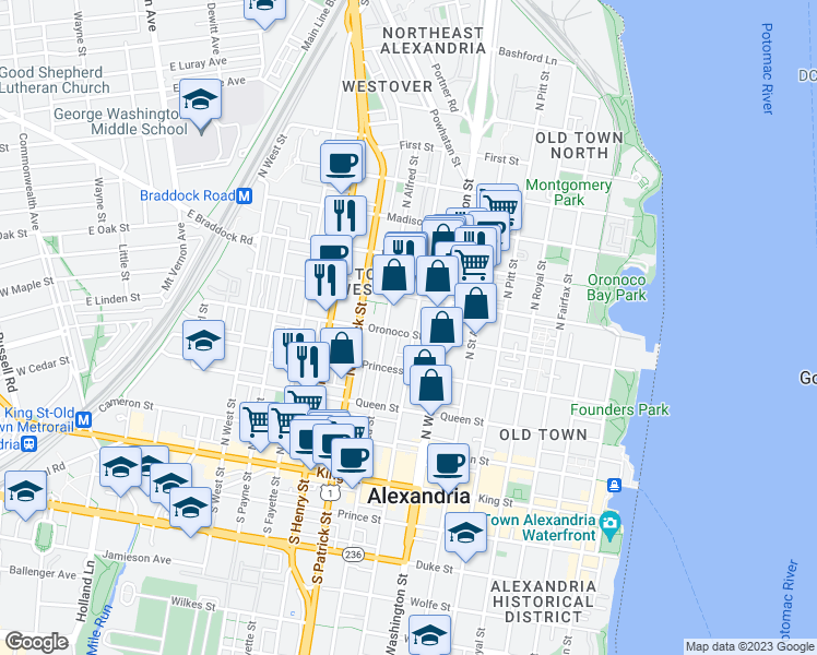 map of restaurants, bars, coffee shops, grocery stores, and more near 502 North Columbus Street in Alexandria