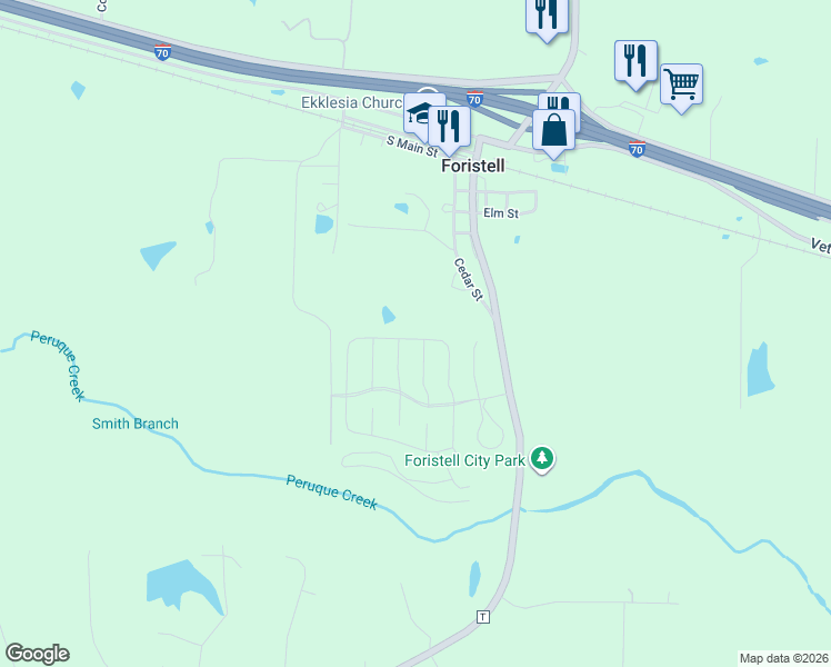map of restaurants, bars, coffee shops, grocery stores, and more near 133 Cedar Street in Foristell