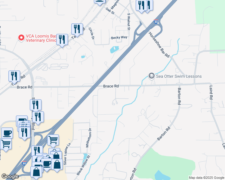 map of restaurants, bars, coffee shops, grocery stores, and more near 5854 Brace Road in Loomis