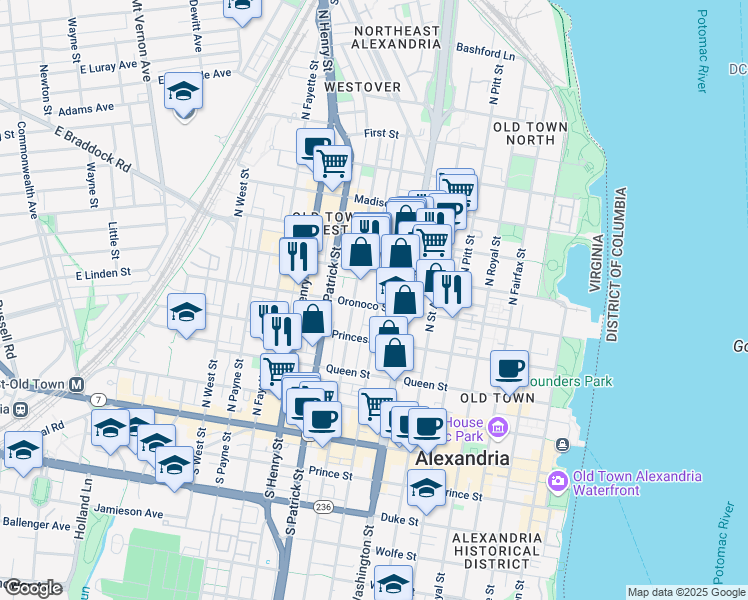 map of restaurants, bars, coffee shops, grocery stores, and more near 502 North Columbus Street in Alexandria