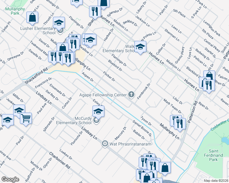 map of restaurants, bars, coffee shops, grocery stores, and more near 1201 Greeley Drive in Florissant