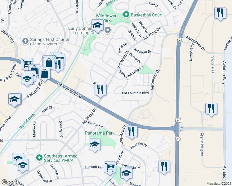 map of restaurants, bars, coffee shops, grocery stores, and more near 2997 Old Fountain Boulevard in Colorado Springs