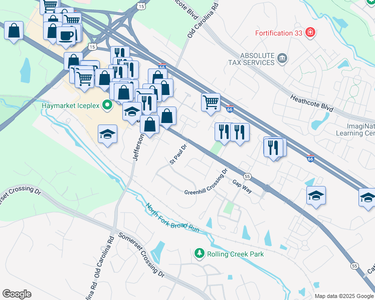 map of restaurants, bars, coffee shops, grocery stores, and more near 6801 Saint Paul Drive in Haymarket