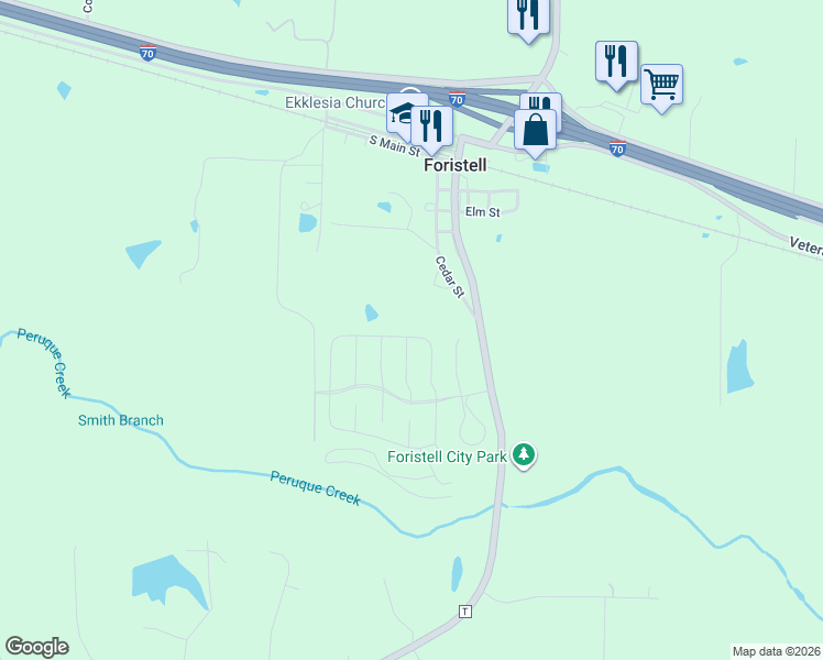 map of restaurants, bars, coffee shops, grocery stores, and more near 133 Cedar Street in Foristell