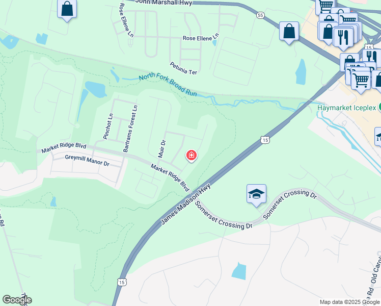 map of restaurants, bars, coffee shops, grocery stores, and more near 6750 Leopolds Trail in Haymarket