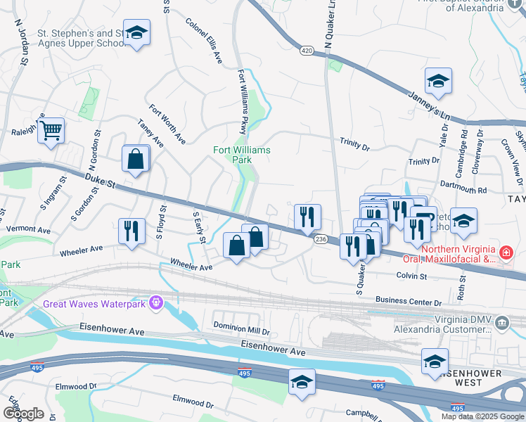 map of restaurants, bars, coffee shops, grocery stores, and more near 24 Carriage House Circle in Alexandria