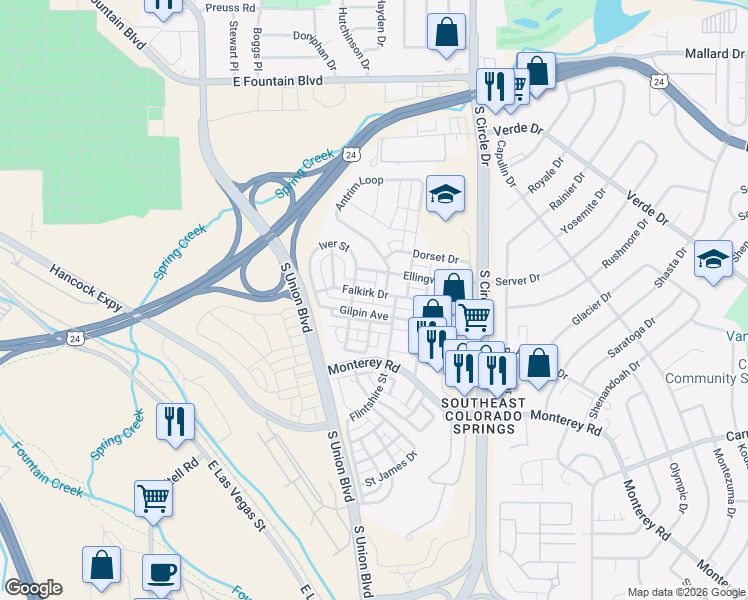 map of restaurants, bars, coffee shops, grocery stores, and more near 2197 Gilpin Avenue in Colorado Springs