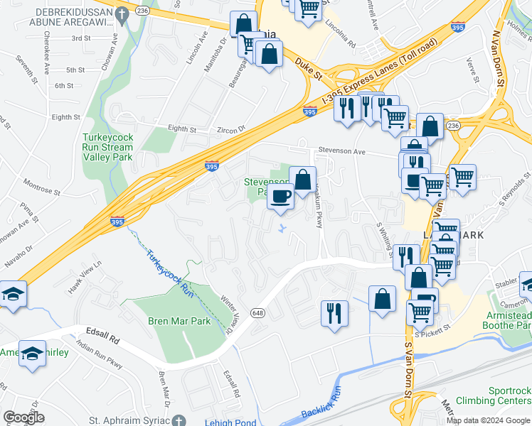 map of restaurants, bars, coffee shops, grocery stores, and more near 205 Yoakum Parkway in Alexandria