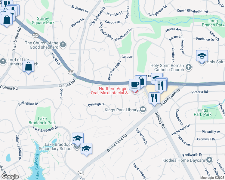map of restaurants, bars, coffee shops, grocery stores, and more near 5201 Dunleigh Drive in Burke