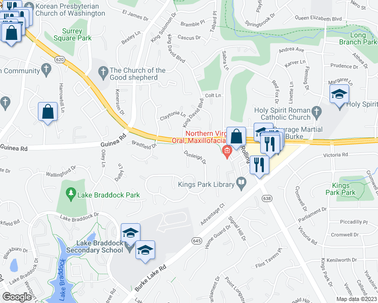 map of restaurants, bars, coffee shops, grocery stores, and more near 5201 Dunleigh Drive in Burke