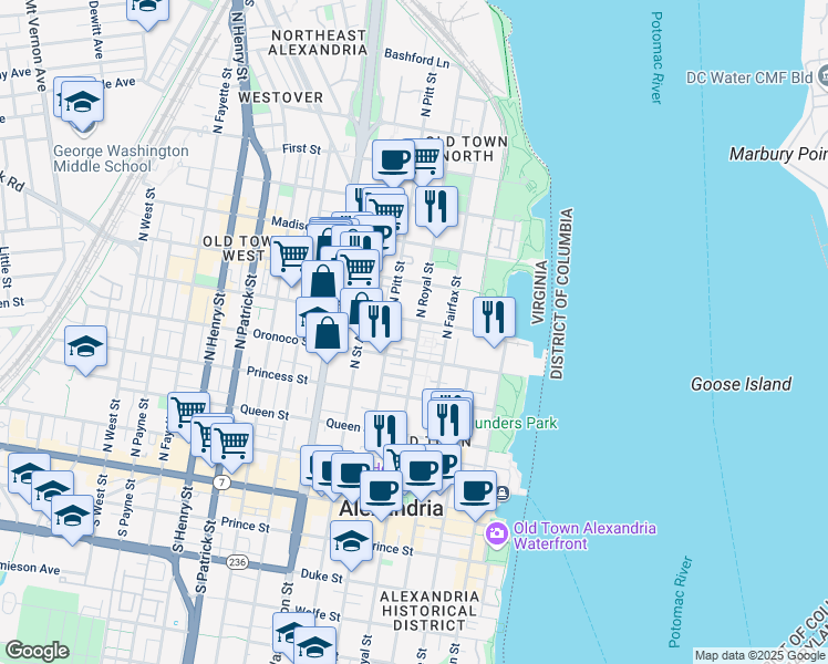 map of restaurants, bars, coffee shops, grocery stores, and more near 524 North Royal Street in Alexandria