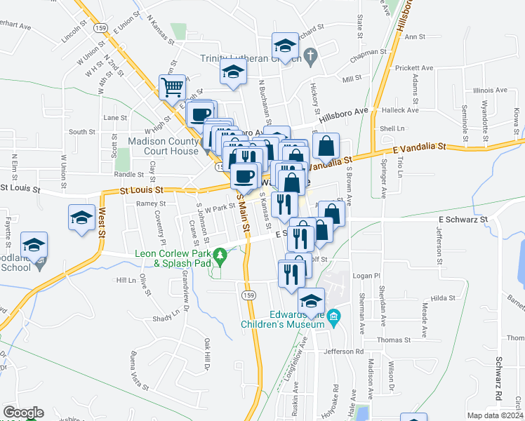 map of restaurants, bars, coffee shops, grocery stores, and more near 215 South Kansas Street in Edwardsville