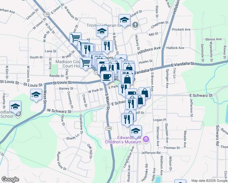 map of restaurants, bars, coffee shops, grocery stores, and more near 226 South Main Street in Edwardsville