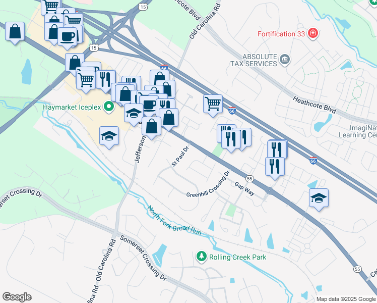 map of restaurants, bars, coffee shops, grocery stores, and more near 6801 Saint Paul Drive in Haymarket