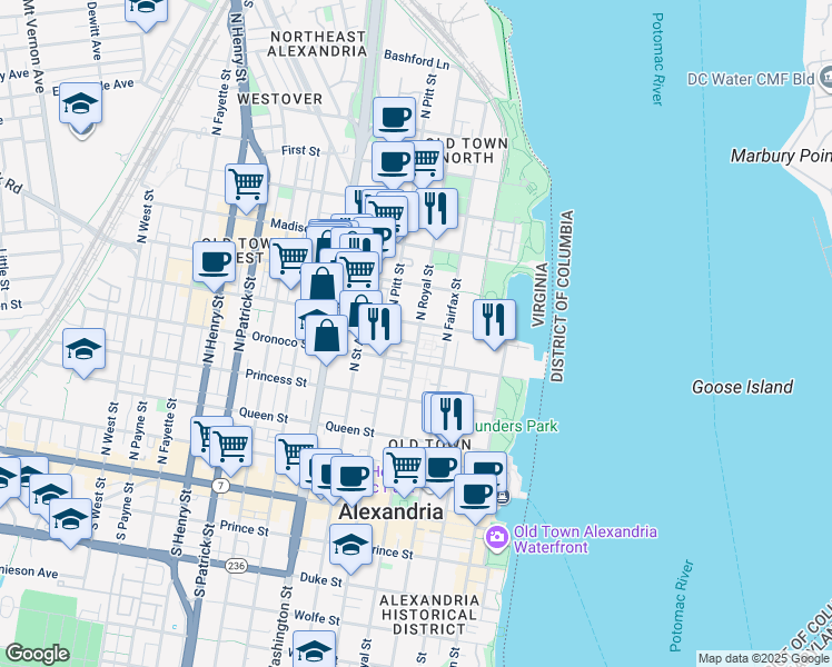 map of restaurants, bars, coffee shops, grocery stores, and more near 524 North Royal Street in Alexandria