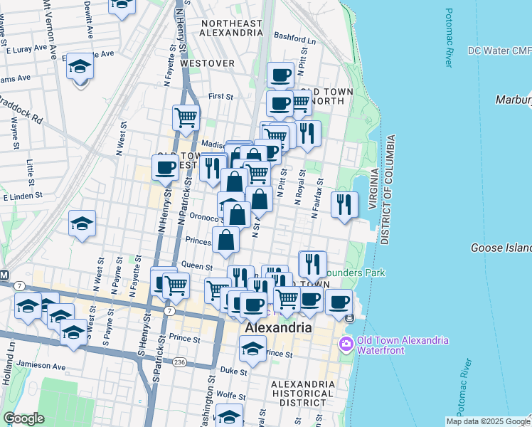 map of restaurants, bars, coffee shops, grocery stores, and more near 515 North Saint Asaph Street in Alexandria