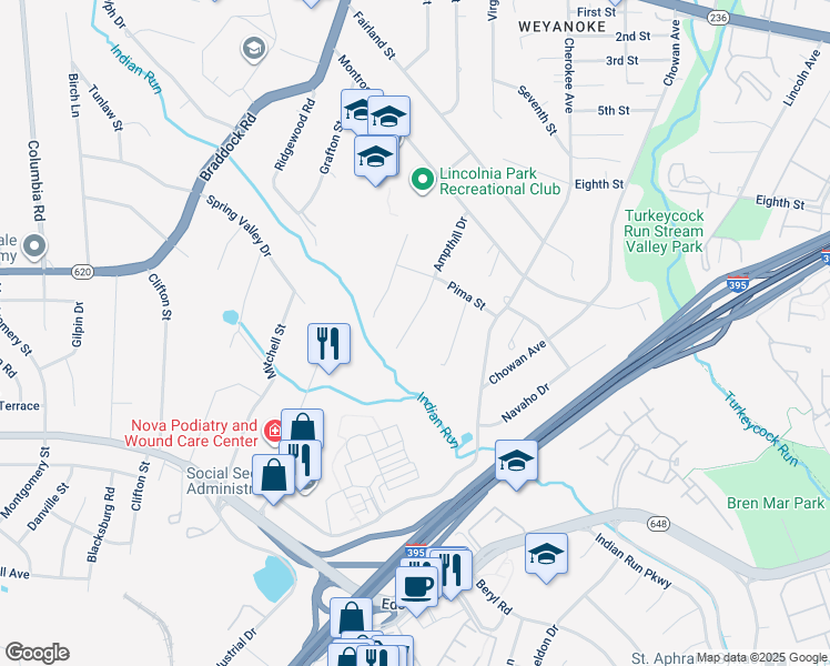 map of restaurants, bars, coffee shops, grocery stores, and more near 5221 Ampthill Drive in Alexandria