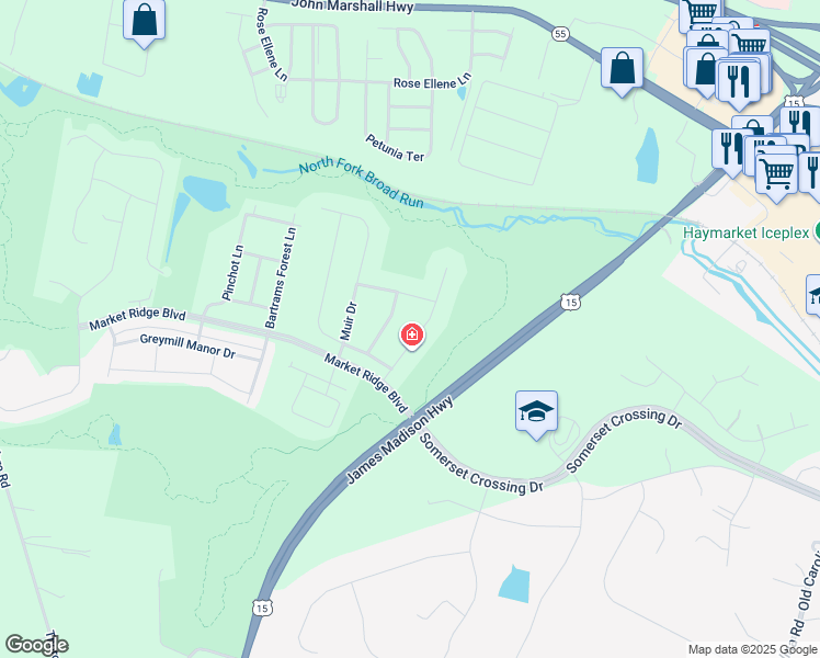 map of restaurants, bars, coffee shops, grocery stores, and more near 6750 Leopolds Trail in Haymarket