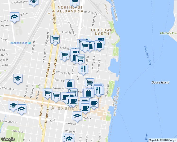 map of restaurants, bars, coffee shops, grocery stores, and more near 419 Cook Street in Alexandria