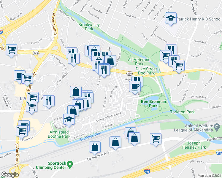 map of restaurants, bars, coffee shops, grocery stores, and more near 5134 Donovan Drive in Alexandria