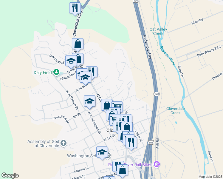 map of restaurants, bars, coffee shops, grocery stores, and more near 133 Vista View Drive in Cloverdale
