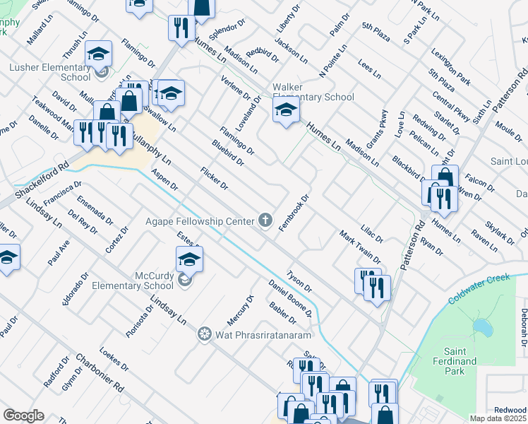 map of restaurants, bars, coffee shops, grocery stores, and more near 1125 Flicker Drive in Florissant