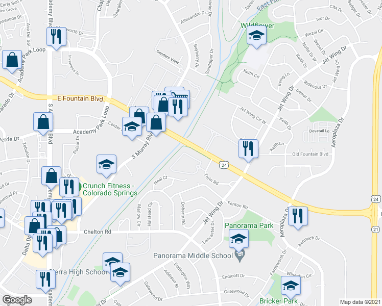 map of restaurants, bars, coffee shops, grocery stores, and more near 4560 East Fountain Boulevard in Colorado Springs