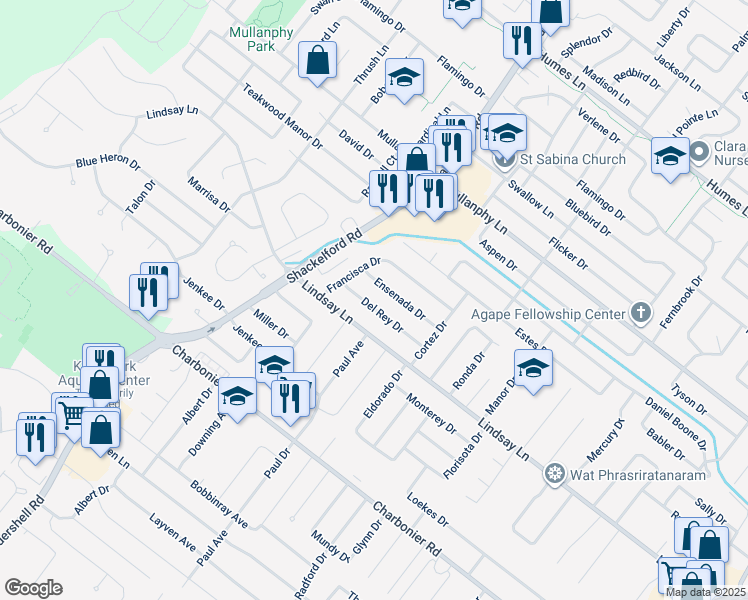 map of restaurants, bars, coffee shops, grocery stores, and more near 1355 Del Rey Drive in Florissant