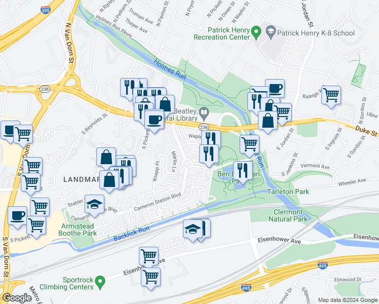 map of restaurants, bars, coffee shops, grocery stores, and more near 5020 Barbour Drive in Alexandria