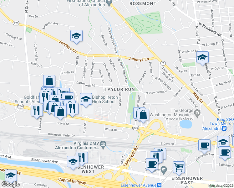 map of restaurants, bars, coffee shops, grocery stores, and more near 204 Skyhill Road in Alexandria