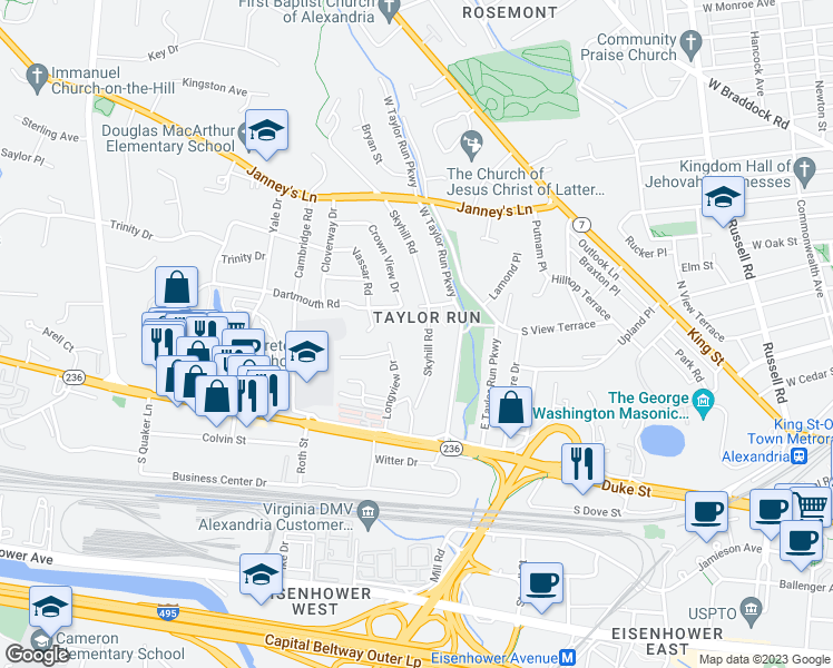 map of restaurants, bars, coffee shops, grocery stores, and more near 202 Skyhill Road in Alexandria