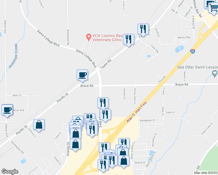 map of restaurants, bars, coffee shops, grocery stores, and more near 5340 Brace Road in Loomis