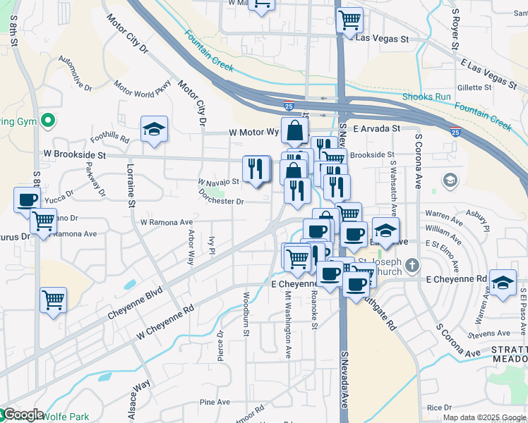 map of restaurants, bars, coffee shops, grocery stores, and more near 20 Cheyenne Boulevard in Colorado Springs