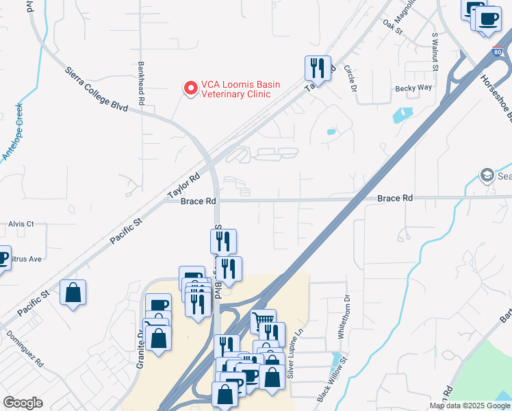 map of restaurants, bars, coffee shops, grocery stores, and more near 4105 Starlight Lane in Loomis