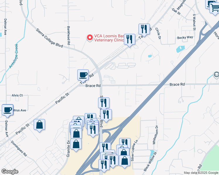 map of restaurants, bars, coffee shops, grocery stores, and more near 5340 Brace Road in Loomis