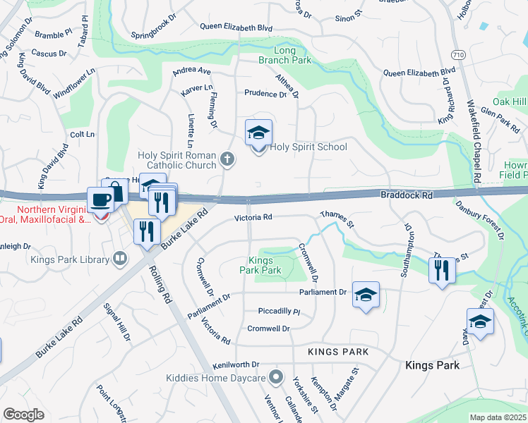 map of restaurants, bars, coffee shops, grocery stores, and more near 8722 Victoria Road in Springfield