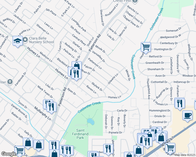 map of restaurants, bars, coffee shops, grocery stores, and more near 435 Skylark Drive in Florissant
