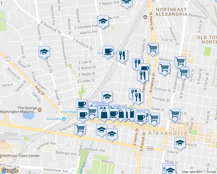 map of restaurants, bars, coffee shops, grocery stores, and more near 1600 Suter Street in Alexandria