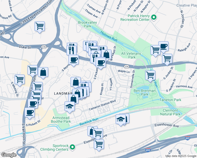 map of restaurants, bars, coffee shops, grocery stores, and more near 5130 Cambria Way in Alexandria