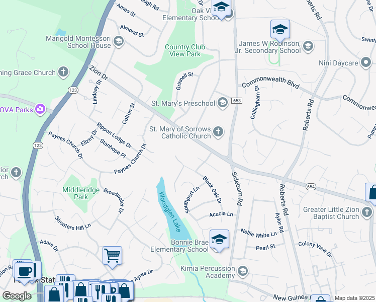 map of restaurants, bars, coffee shops, grocery stores, and more near 10603 Zion Drive in Fairfax