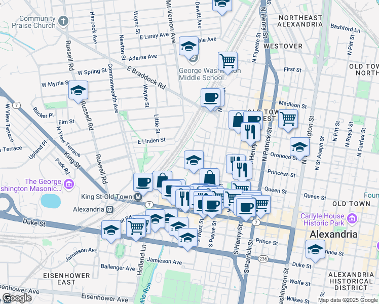 map of restaurants, bars, coffee shops, grocery stores, and more near 1602 Suter Street in Alexandria