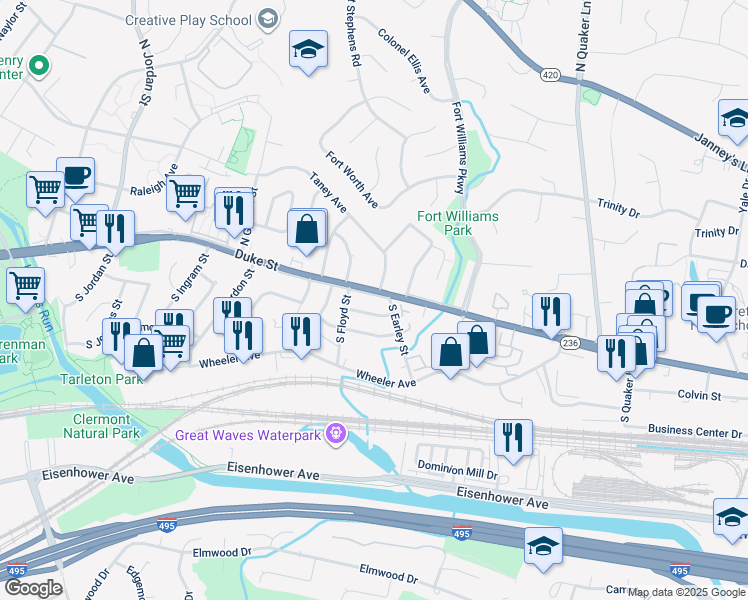 map of restaurants, bars, coffee shops, grocery stores, and more near 3910 Duke Street in Alexandria