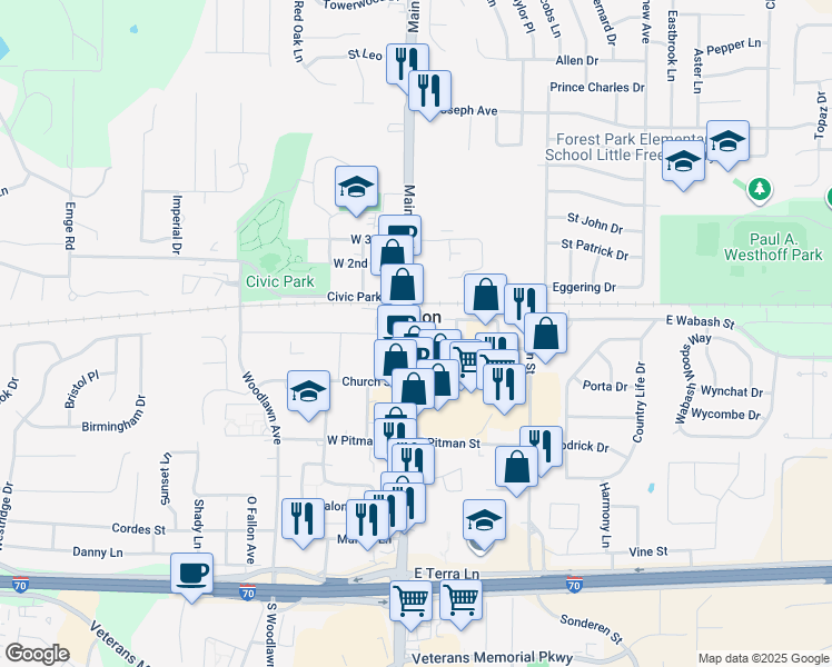 map of restaurants, bars, coffee shops, grocery stores, and more near 101 East Elm Street in O'Fallon