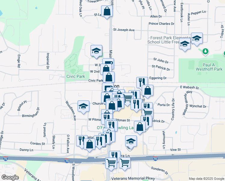 map of restaurants, bars, coffee shops, grocery stores, and more near 101 East Elm Street in O'Fallon
