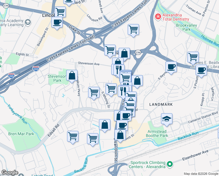 map of restaurants, bars, coffee shops, grocery stores, and more near 346 South Whiting Street in Alexandria