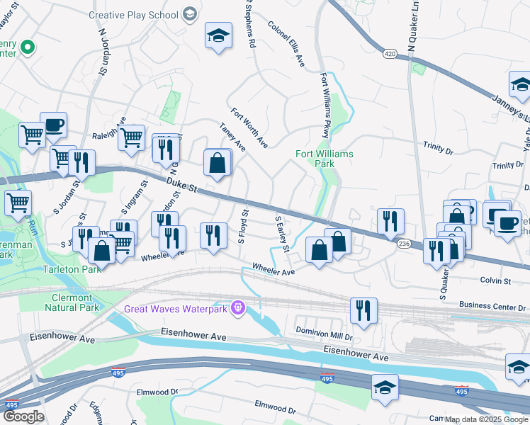 map of restaurants, bars, coffee shops, grocery stores, and more near 3910 Duke Street in Alexandria